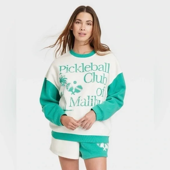 Grayson Threads Sweatshirt Crewneck Pickleball Club of Malibu Green White Preppy - Picture 1 of 7